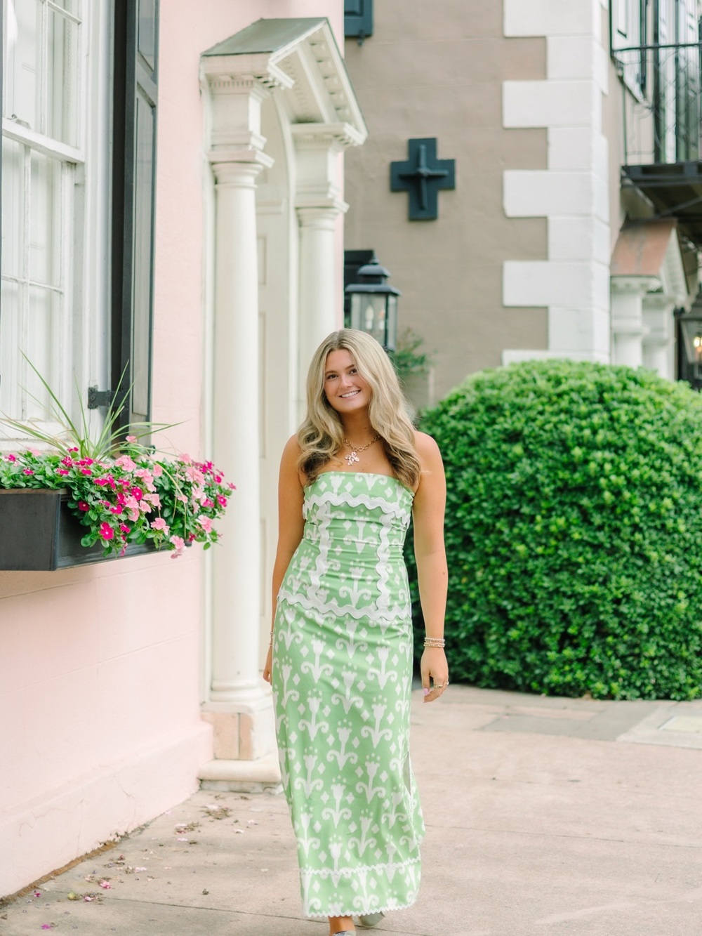 Strapless Green Printed Maxi Dress
